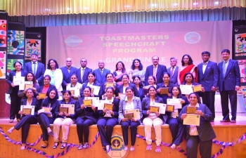 Mrs Sushma Pandey, wife of Ambassador, was invited as Chief Guest to Toastmasters Speechcraft Program (For Ladies), which was organized by Muscat Gujarati Samaj, in association with Morison Muscat Toastmasters Club on Friday 27th April 2018 at Indian School Wadi Kabir, Multipurpose Hall.