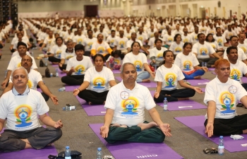Celebration of 4th International Day of Yoga on 21 June 2018 with a mega yoga session at Oman Convention & Exhibition Centre