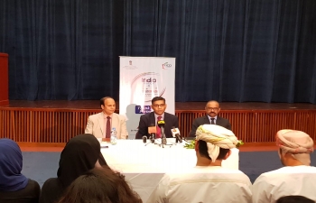 Ambassador Munu Mahawar, addressed the media organizations in Oman, during a Press Interaction on participation of about 47 Indian healthcare institutions in Oman Health Exhibition, and launch of #AyushmanBharat in India, by Hon'ble Prime Minister at Embassy premises on 23 September 2018. The Embassy would also like to thank all friends from media organizations in Oman, who attended a Press Interaction.