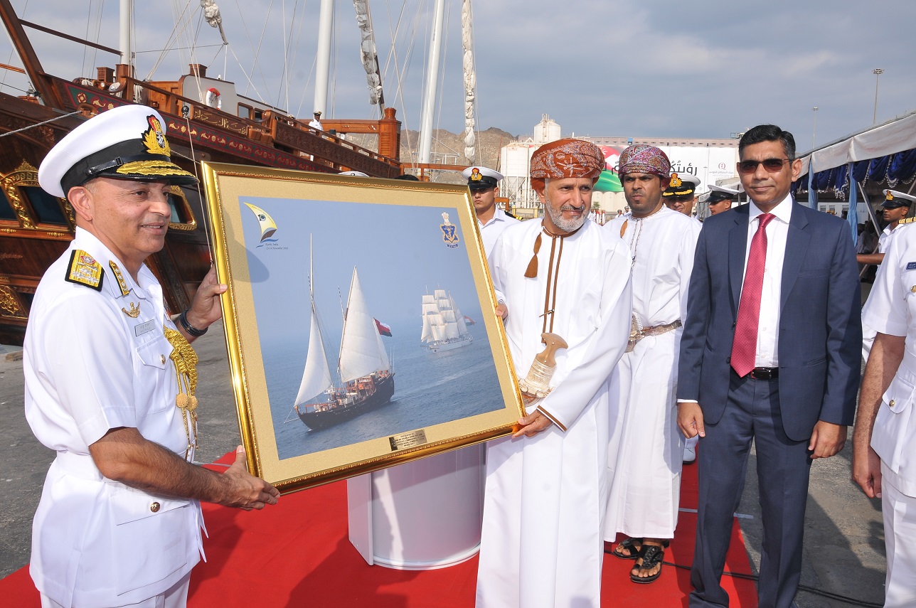 Reception of ships joining tall ship sailing as part of celebration of 10th anniversary of IONS. Royal Yacht Zinat al Bahr, INS Tarangini & INS Sudharshini sailed from Kochi, re-tracing the ancient maritime trade routes, and arrived at Port Sultan Qaboos.