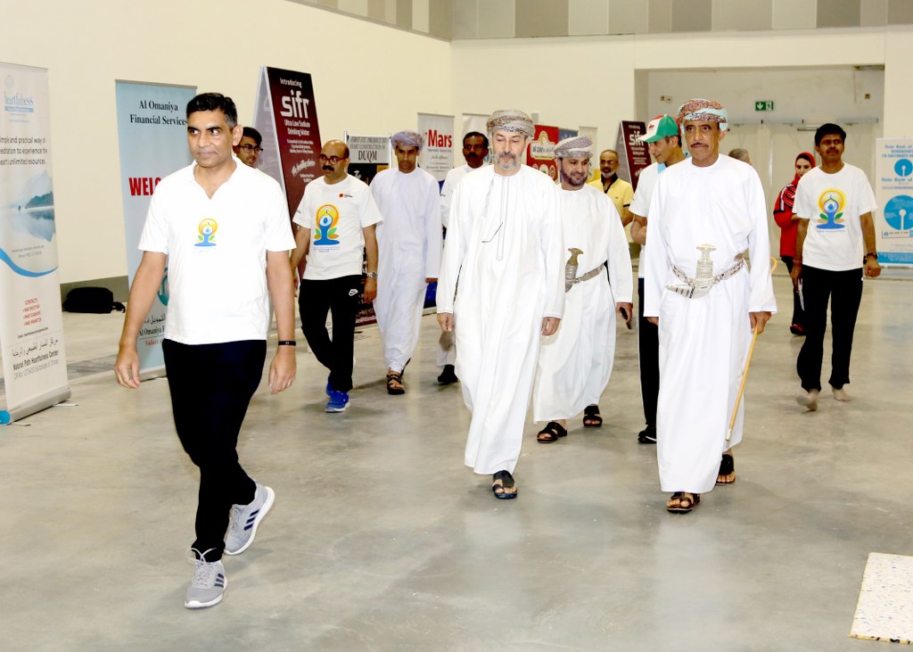 Grand Yoga Day 2019 celebrations at Muscat. Over 6000 Yoga enthusiasts of more than 20 nationalities participated, making it one of the largest single location gatherings outside India.