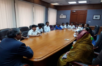 Students from Indian School Darsait, along with their teachers come to the Embassy to meet with Ambassador.